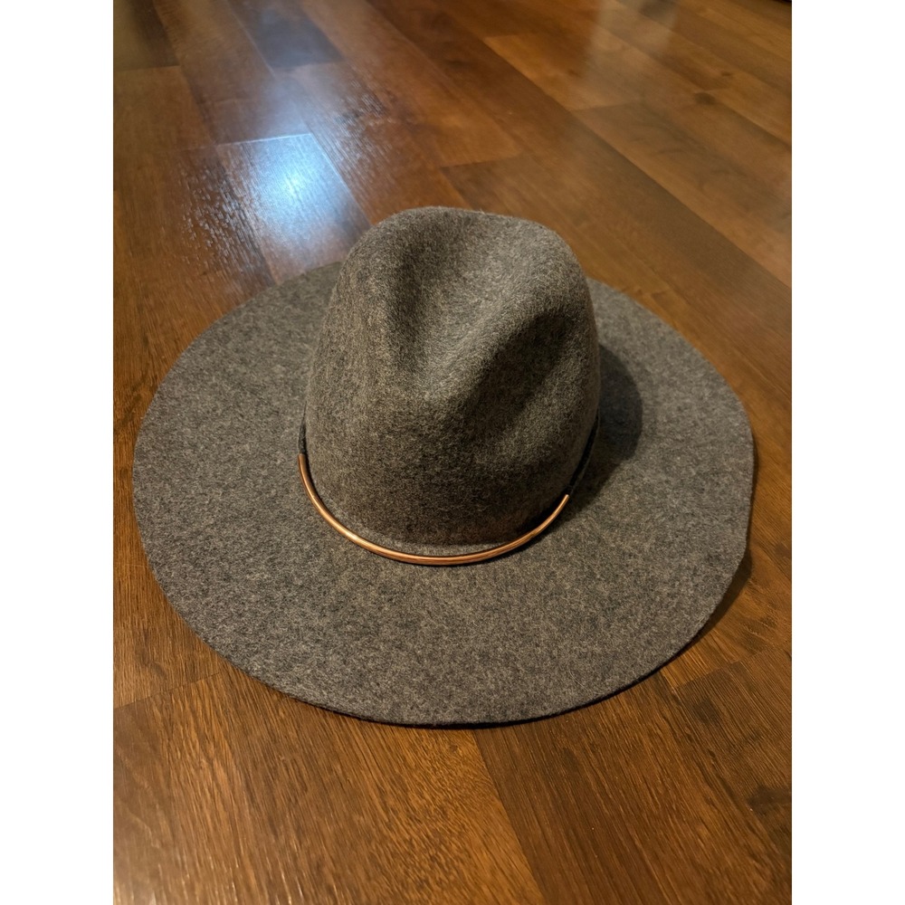 World Market Gray 100% Wool Wide Brim Fedora Hat Rose Gold Bar Accent 22in